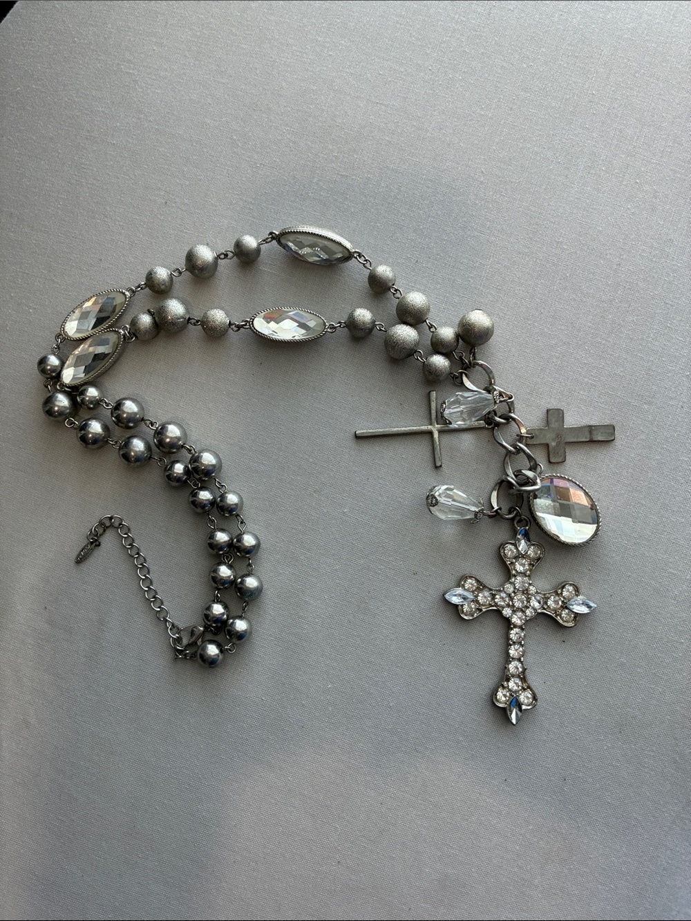 Silver Crystal Cross Necklace with Faceted Accents - Women's Jewelry